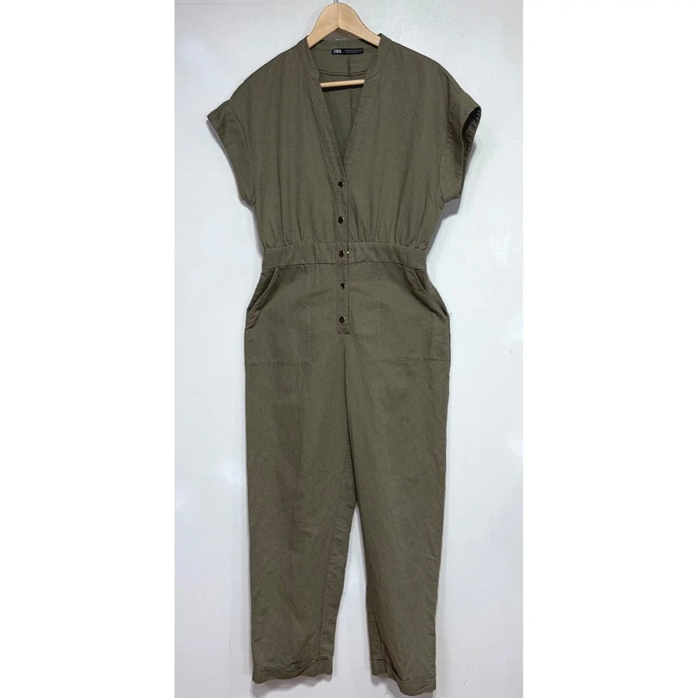 Zara Womens Olive Green Linen Blend Utility Button Front Jumpsuit Size M